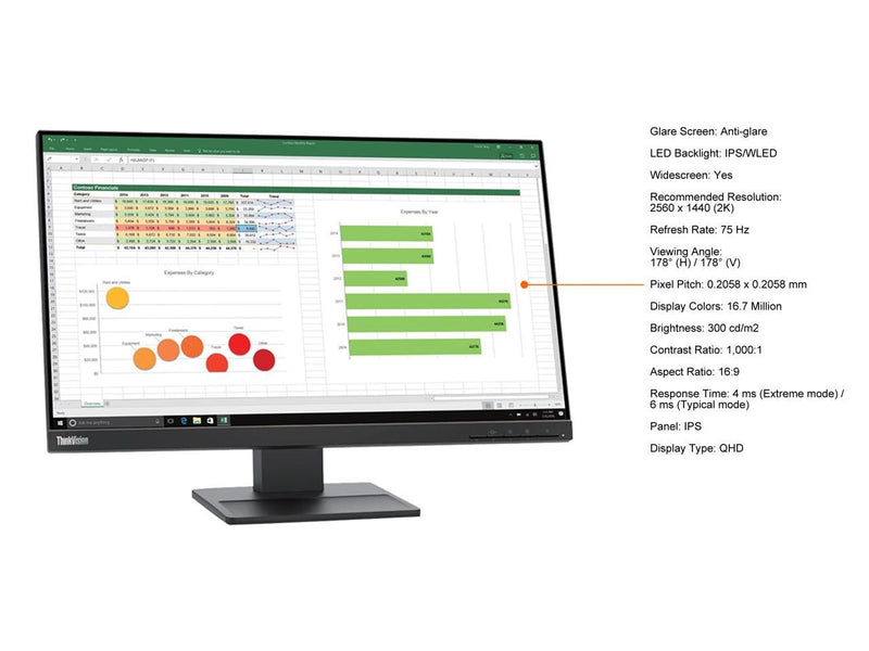 Lenovo ThinkVision E24q-20 23.8" WQHD WLED LCD 75Hz Monitor - 16:9 - Raven Black