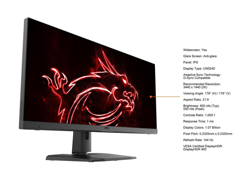 MSI Full UWQHD Anti-Glare 1ms 3440 x 1440 144Hz Refresh Rate HDR Ready