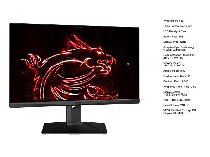 MSI QHD Rapid IPS Gaming G-Sync Compatible HDR 400 1ms GTG 2560 x 1440