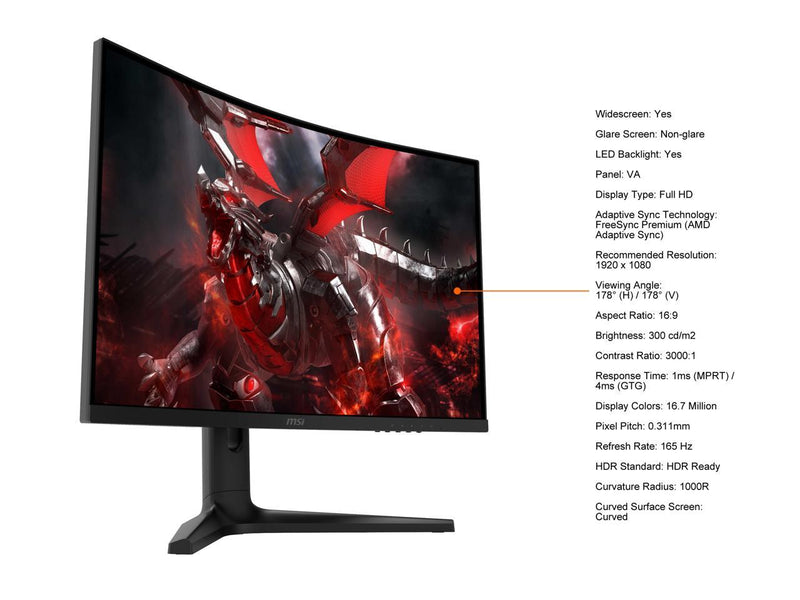 MSI Optix G271C 27" Full HD 1920 x 1080 165 Hz HDMI, DisplayPort, Audio FreeSync