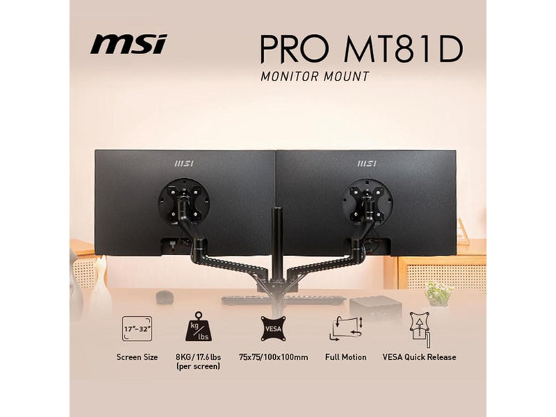 MSI PRO MT81D - Premium Aluminum Dual Monitor Stand Arms, Supports 17-32" & 17.6