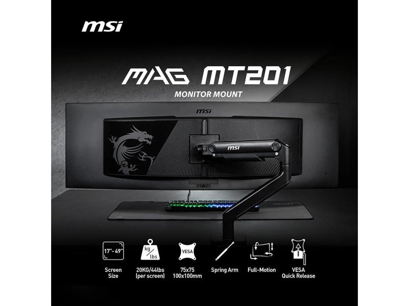 MSI MAG MT201 - Premium Heavy Duty Single Monitor Stand Arm,  Supports 17-49"