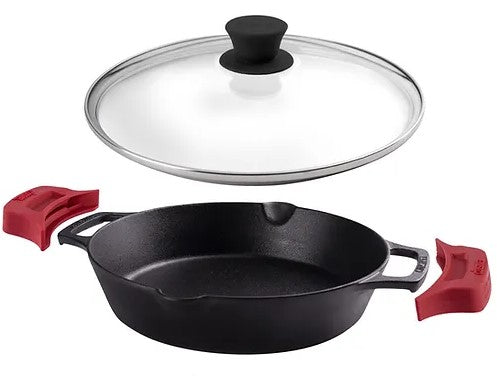 CUISINEL PRE-SEASONED CAST IRON DUAL HANDLE SKILLET WITH GLASS LID 10IN Like New