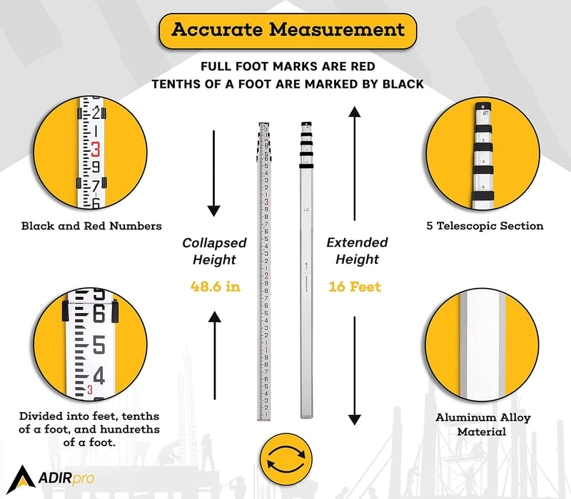 ADIRPRO 16-FOOT ALUMINUM GRADE ROD 10THS DUAL SIDED 5-SECTION TELESCOPIC - GRAY - Brand New