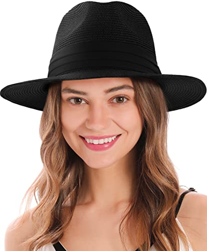 SIMPLICITY MENS WOMEN'S WIDE BRIM STRAW PANAMA SUN HAT ONE SIZE BLACK - Like New