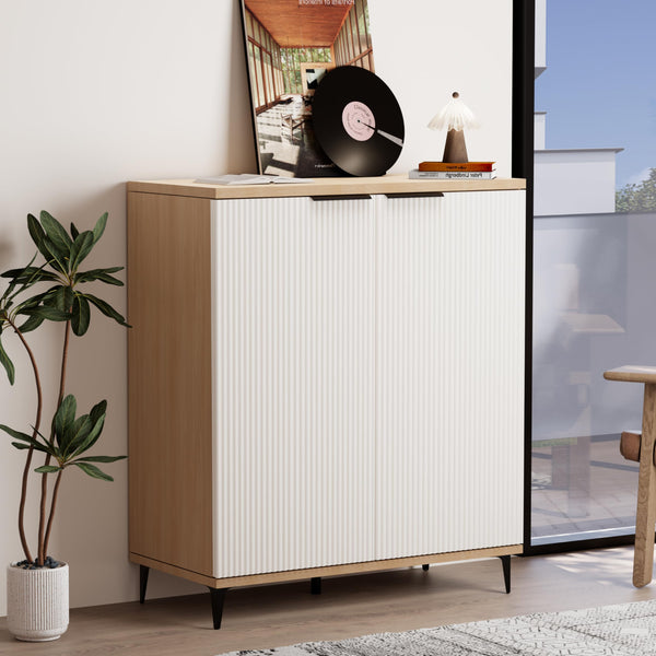 CHILIHOM SIDEBOARD CABINET STORAGE ACCENT FLUTE CABINET WAVED-NATURAL+WHITE - Like New