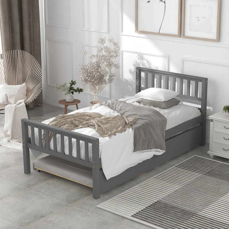 TWIN BED TRUNDLEPLATFORM BED FRAME WITH HEADBOARD AND FOOTBOARD - GRAY - Like New