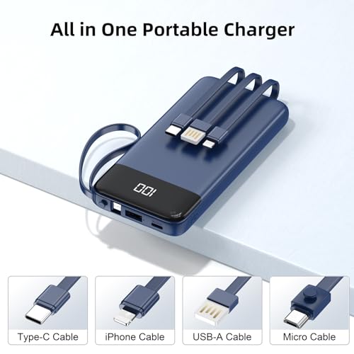PENAOVER CHARGER 10000MAH POWER BANK BUILT IN CABLE 5 OUTPUT 2 INPUT TW1016 NAVY - Like New