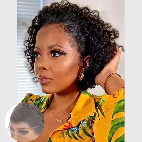 YKHJH 13x4 SHORT CURLY HUMAN HAIR WIGS PIXIE CUT WIG HUMAN HAIR 6 INCH - BLACK - Brand New