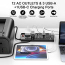 ALESTOR SURGE PROTECTOR WITH 12 OUTLETS AND 4 USB PORTS, 6 FT - BLACK - Like New
