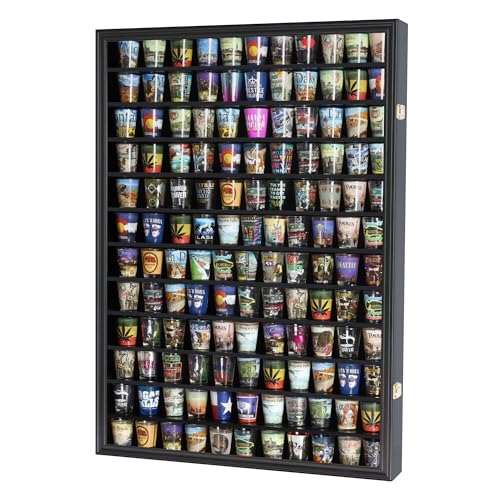 DISPLAYGIFTS LARGE 144 SHOT GLASS DISPLAY CASE RACK CABINET HOLDER - BLACK - Like New