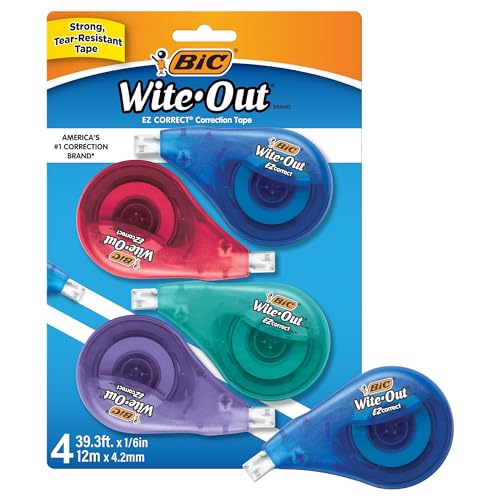 BIC WITE-OUT EZ CORRECT CORRECTION TAPE, 39.3 FT TAPE, PACK OF 4 MULTICOLOR - Brand New