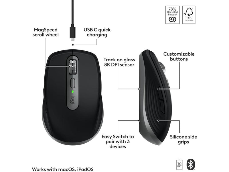 Logitech MX Anywhere 3S for Mac, Compact Wireless Bluetooth Mouse, 8K DPI