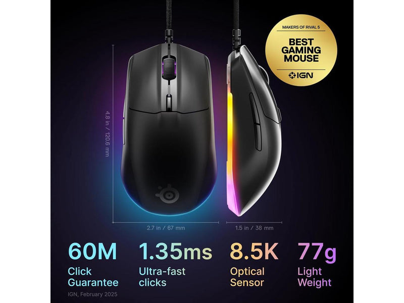 SteelSeries Rival 3 Gen 2 Gaming Mouse — 8500 DPI TrueMove Core Optical Sensor,