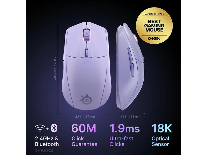SteelSeries Rival 3 Wireless Gen 2 Gaming Mouse — 2.4GHz and Bluetooth, 18000