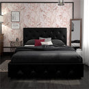 DHP DAKOTA QUEEN UPHOLSTERED BED WITH STORAGE DRAWERS IN BLACK FAUX LEATHER - Like New