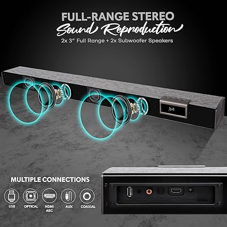 PYLE PyleUsa Home Bluetooth Sound bar Stylish 60W 35" 4K HDMI PSBV40BT - Silver - Like New