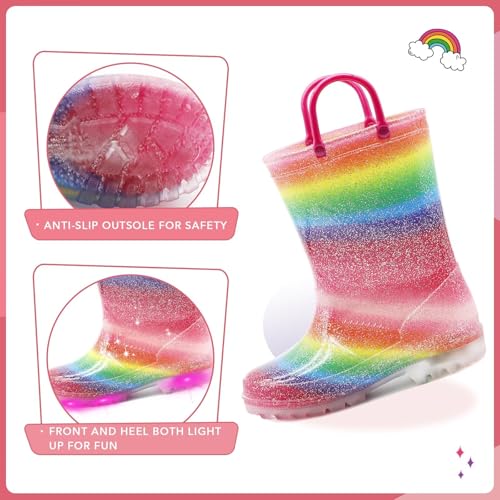 EUXTERPA KIDS TODDLER LIGHT UP RAIN BOOTS PATTERNS GLITTER SIZE Y8 - RAINBOW - Brand New