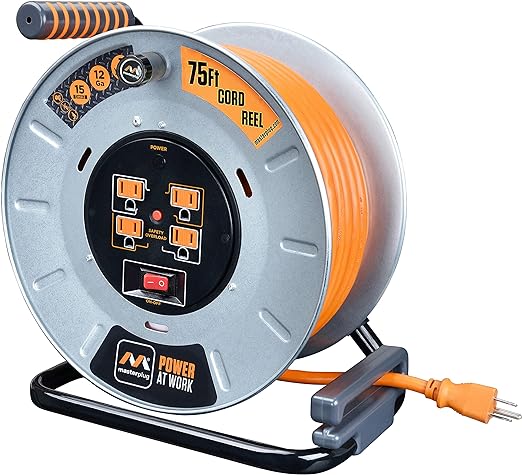 Masterplug 75Ft 4 Sockets 15A 12AWG Metal Reel OTLP751512G4SL-US - Orange Like New