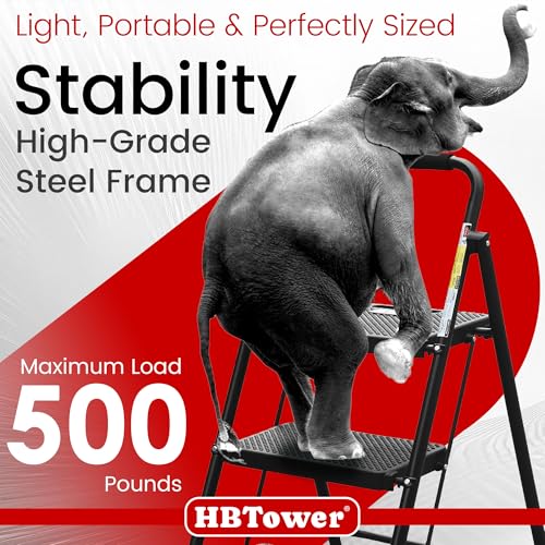 HBTower 3 STEP LADDER FOLDING STEP STOOL WIDE ANTI-SLIP PEDAL STEEL - BLACK - Brand New