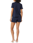 AMAZON ESSENTIALS WOMEN'S COTTON MODAL PIPED NOTCH COLLAR PAJAMA SET - NAVY - L - Brand New