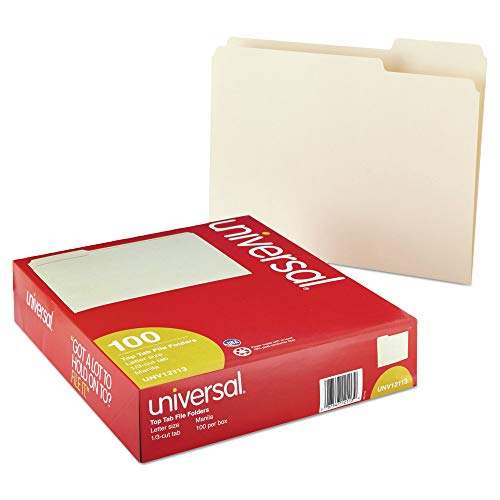 Universal 12113 Folders, 1/3 Cut Assorted, One-Ply Top Tab, Manila, 100 Pack - Like New