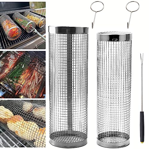 ZSFLZS 2PCS Rolling Grilling Basket Outdoor Network Mesh Cylinder 12.2" + 11.8" - Brand New