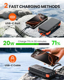SOARAISE WIRELESS SOLAR POWER BANK, 25000MAH, 3 CABLES, 2 OUTPUTS - ORANGE - Like New