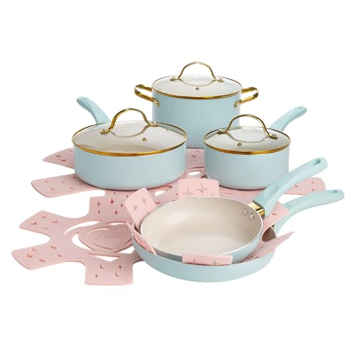 PARIS HILTON EPIC POTS PANS SET MULTI LAYER COATING TEMPERED GLASS LIDS, AQUA - Like New