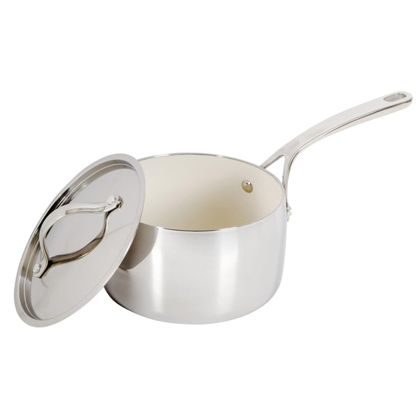 BLOOMHOUSE 3-QT TRIPLY SAUCE PAN W/NON-STICK INTERIOR - LINEN WHITE - Brand New