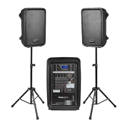 KNOX GEAR DUAL SPEAKER AND MIXER SET–PORTABLE 8” 300 WATT DJ PA SYSTEM - BLACK Like New