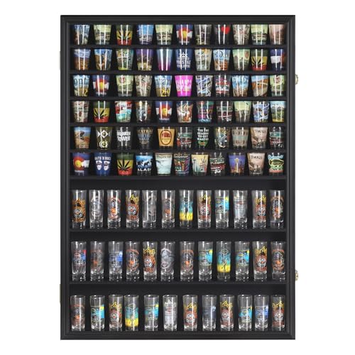 DISPLAYGIFTS LARGE 144 SHOT GLASS DISPLAY CASE RACK CABINET HOLDER - BLACK - Like New
