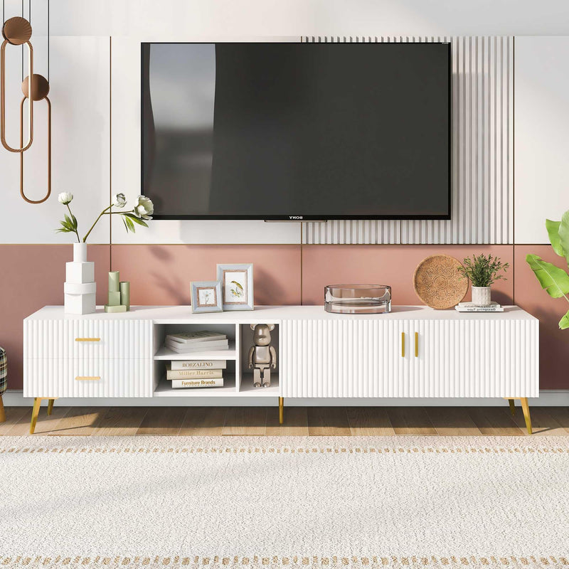 WASAFIRE MODERN TV STAND WITH 5 CHAMPAGNE LEGS-DURABLE STYLISH SPACIOUS -WHITE - Like New