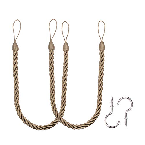 BEL AVENIR CURTAIN HANDMADE TIEBACKS ROPES HOLDBACKS 2 METAL SCREW HOOKS FLAXEN - Like New