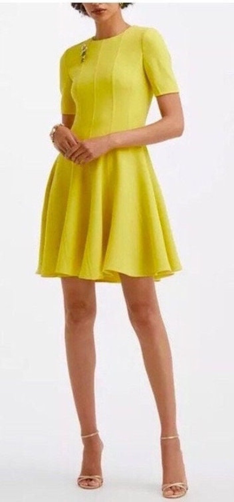 OSCAR DE LA RENTA SHORT SLEEVE FLARED PANEL DRESS CREPE SIZE 4 - LEMON YELLOW - Brand New