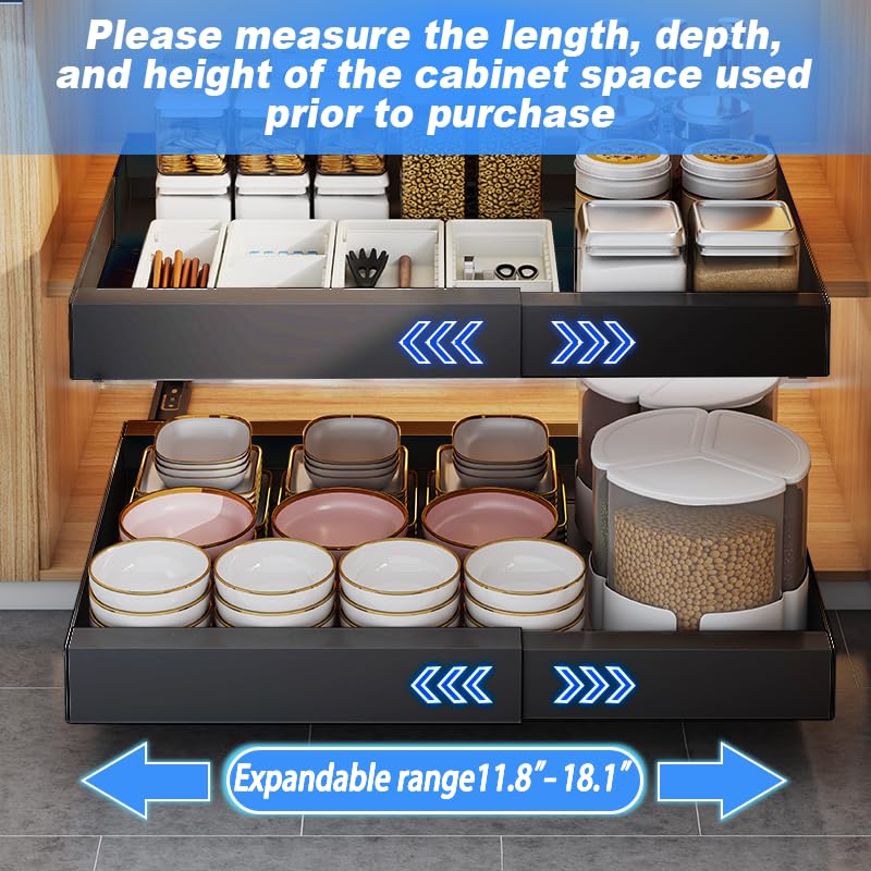 MCBECDY EXPANDABLE PULL OUT CABINET ORGANIZER WITH SLIDING DRAWER - BLACK - Like New