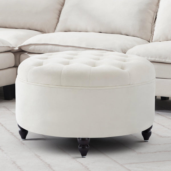 IMMULIZE 30" Round Storage Ottoman, Button Circle Lid, Large Footrest - Cream - Like New