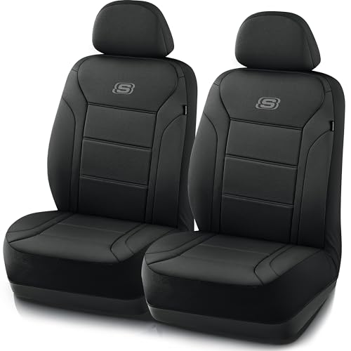 SKECHERS MEMORY FOAM CAR SEAT COVERS, LYCRA, FRONT SEAT PROTECTOR AIRBAG - BLACK - Like New