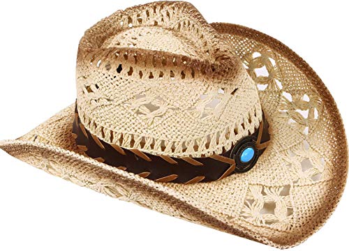 LIVINGSTON MEN & WOMEN'S WOVEN STRAW COWBOY HAT - BLUE BEAD BEIGE - Like New