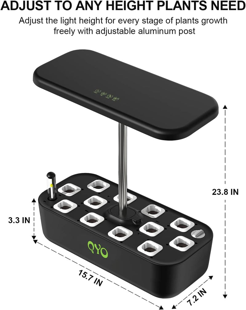 QYO Hydroponics Growing System, 12 Pods, 36WLight, Timer, 23.8'', QYO20 - Black Like New