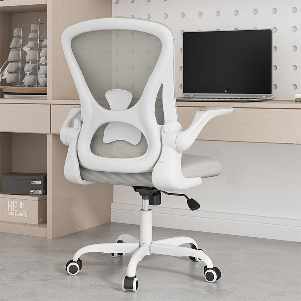 SYTAS ERGONOMIC DESK CHAIR WITH PADDED LUMBAR SUPPORT FLIP UP ARMS - WHITE/GRAY - Like New