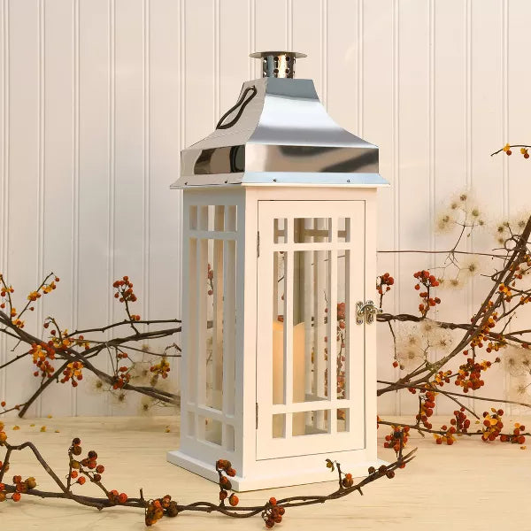 LUMABASE WOODEN LANTERN BATTERY-OPERATED CANDLE - WHITE WITH CHROME ROOF - Like New