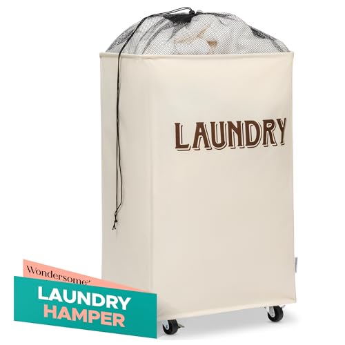 WONDERSOME LAUNDRY HAMPER WITH WHEELS - FARMHOUSE CREAM - 90-LITER - BEIGE - Like New