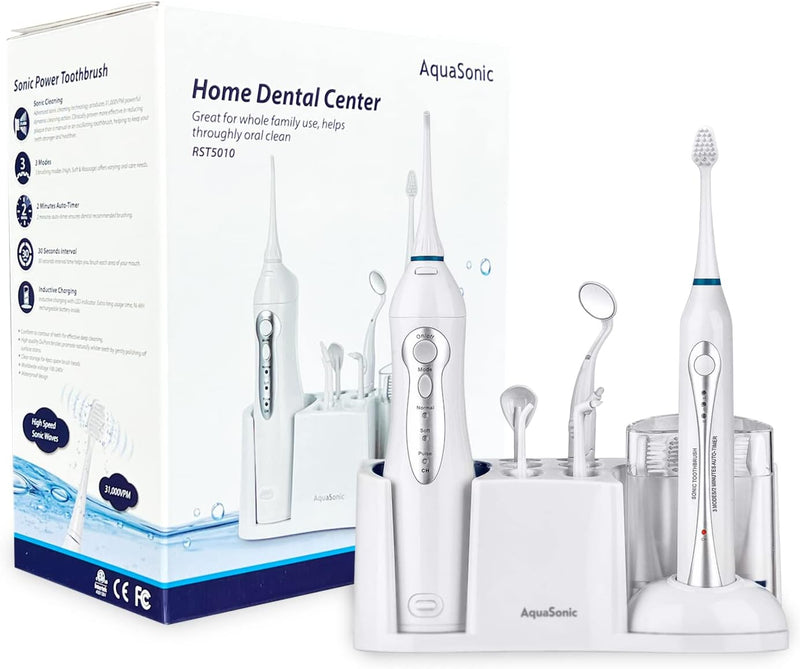 AquaSonic Home Dental Center Rechargeable Power Toothbrush Smart Flosser - White Like New