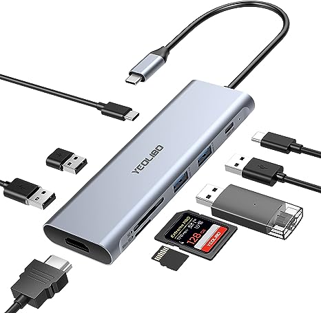 Yeolibo 9-in-1 USB C Hub Multiport Adapter 4K HDMI 100W SD RU9A - GREY - Like New