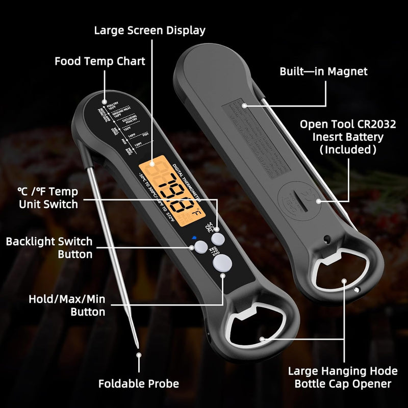 BILITASE Instant Read Meat Thermometer for Grill and BBQ - Black - Like New
