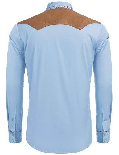 COOFANDY MEN'S WESTERN COWBOY SHIRT EMBROIDERY LONG SLEEVE SLIM FIT - LIGHT BLUE - Brand New