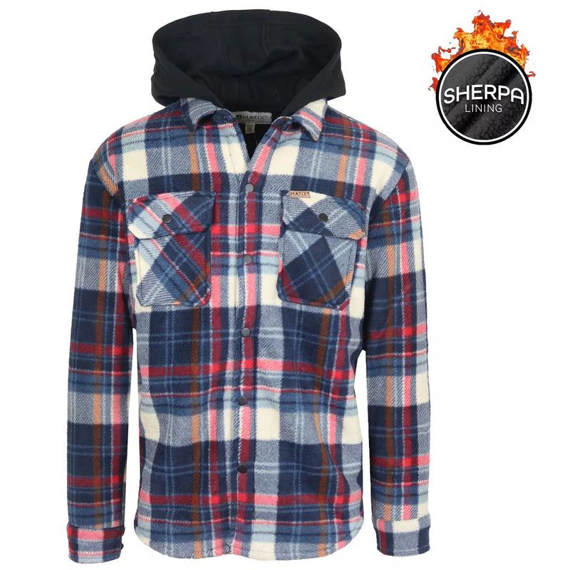 MATIX MEN'S HOODED FLANNEL FAUX SHERLING LINED SHACKET SIZE: MEN L - WHITE/NAVY - Brand New