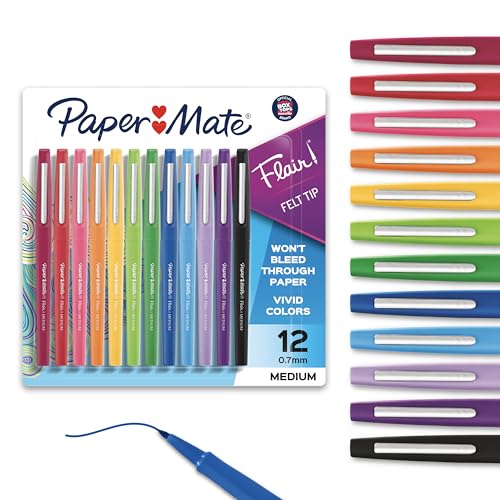 PAPER MATE FLAIR FELT TIP PENS, MEDIUM POINT (0.7MM), ASSORTED COLORS, 1 PACK - Brand New