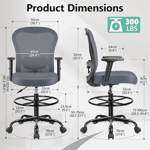 PRIMY DRAFTING CHAIR ERGONOMIC TALL, HIGH BACK, ADJUSTABLE, PR959-Z - DARK GRAY - Like New